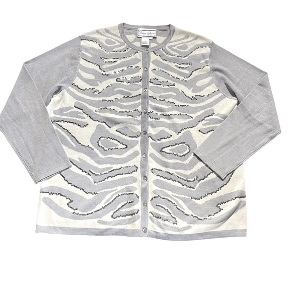 Diane Gilman Silk Cotton Sequin Cardigan Sweater Gray White Zebra Print Size L - Picture 7 of 12